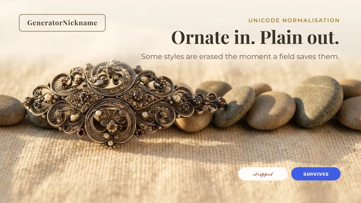 Ornate filigree turning into plain pebbles, showing which nickname generator styles survive NFKC