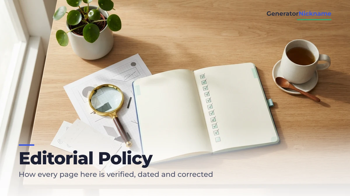 Editorial policy desk of GeneratorNickname with a verification checklist and magnifying glass
